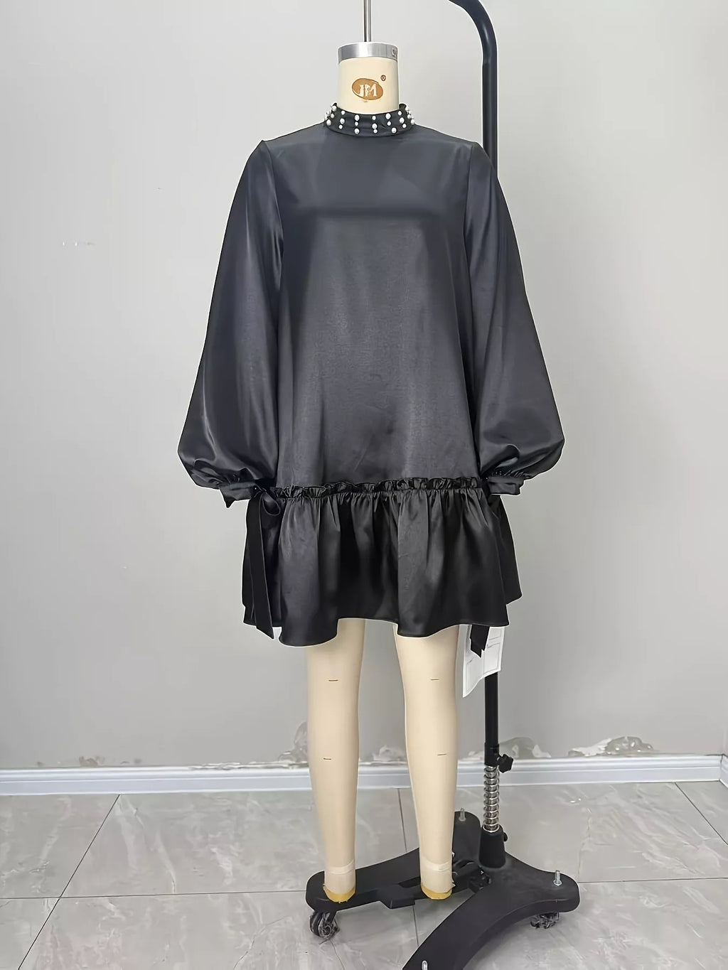 Pearl-Embellished Mock Neck Ruffle Hem Dress