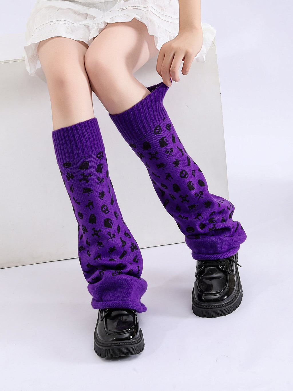 Women Girls Neon Halloween Print Knit Flared Leg Warmers Slouch Socks For Party Clubwear