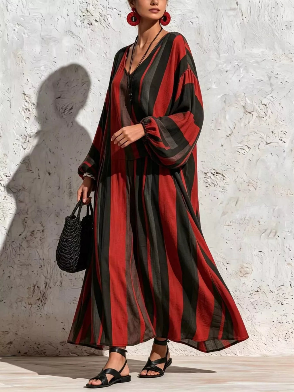 Bohemian Striped V-Neck Loose Top and Wide Leg Pants Set