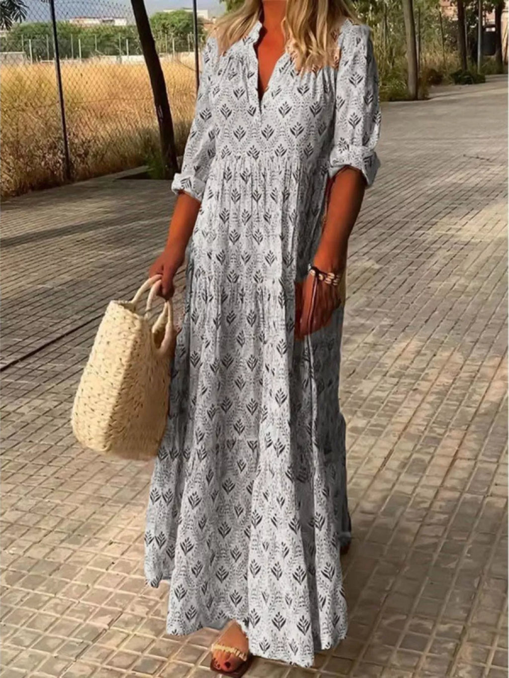Full Size Printed Notched Tiered Maxi Dress Plus Size