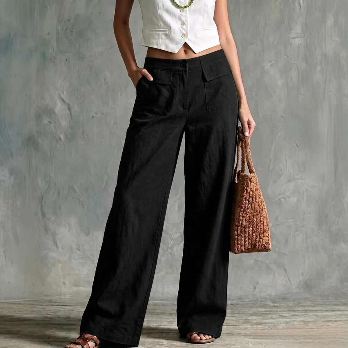 Women's Solid Color Loose Fit Casual Pants - Elastic Waist Trousers for Daily Wear
