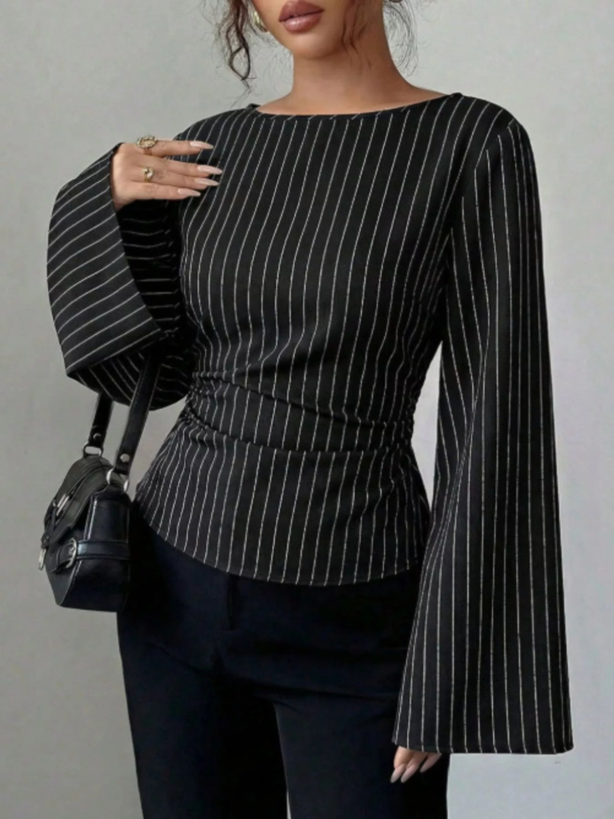 Elegant Pinstriped Bell Sleeve Blouse with Back Lace Up