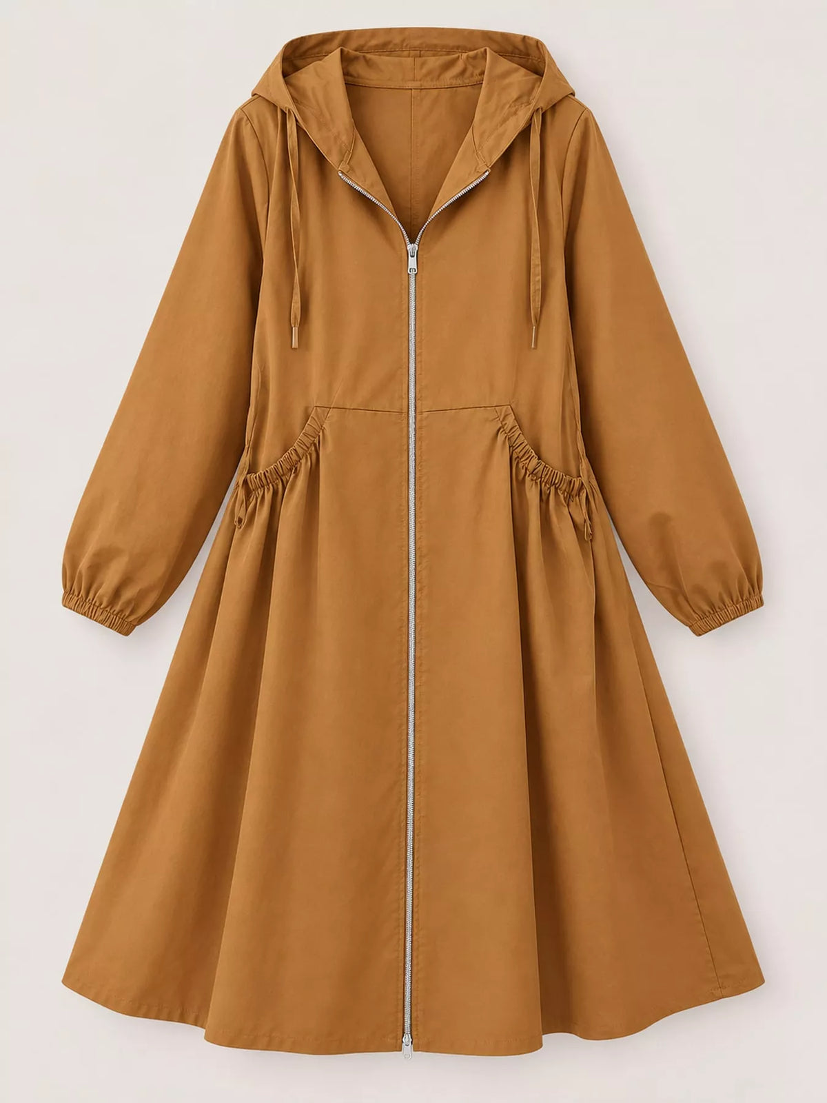 Plus Size Hooded Zip-Up Longline Windbreaker Outerwear