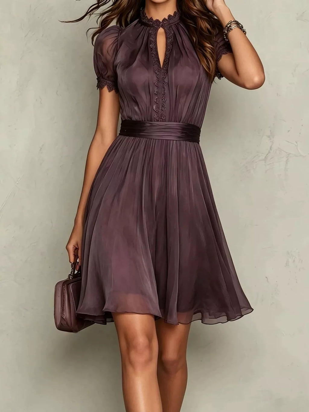 Full Size Lace Trim Puff Sleeve A-Line Dress Plus Size