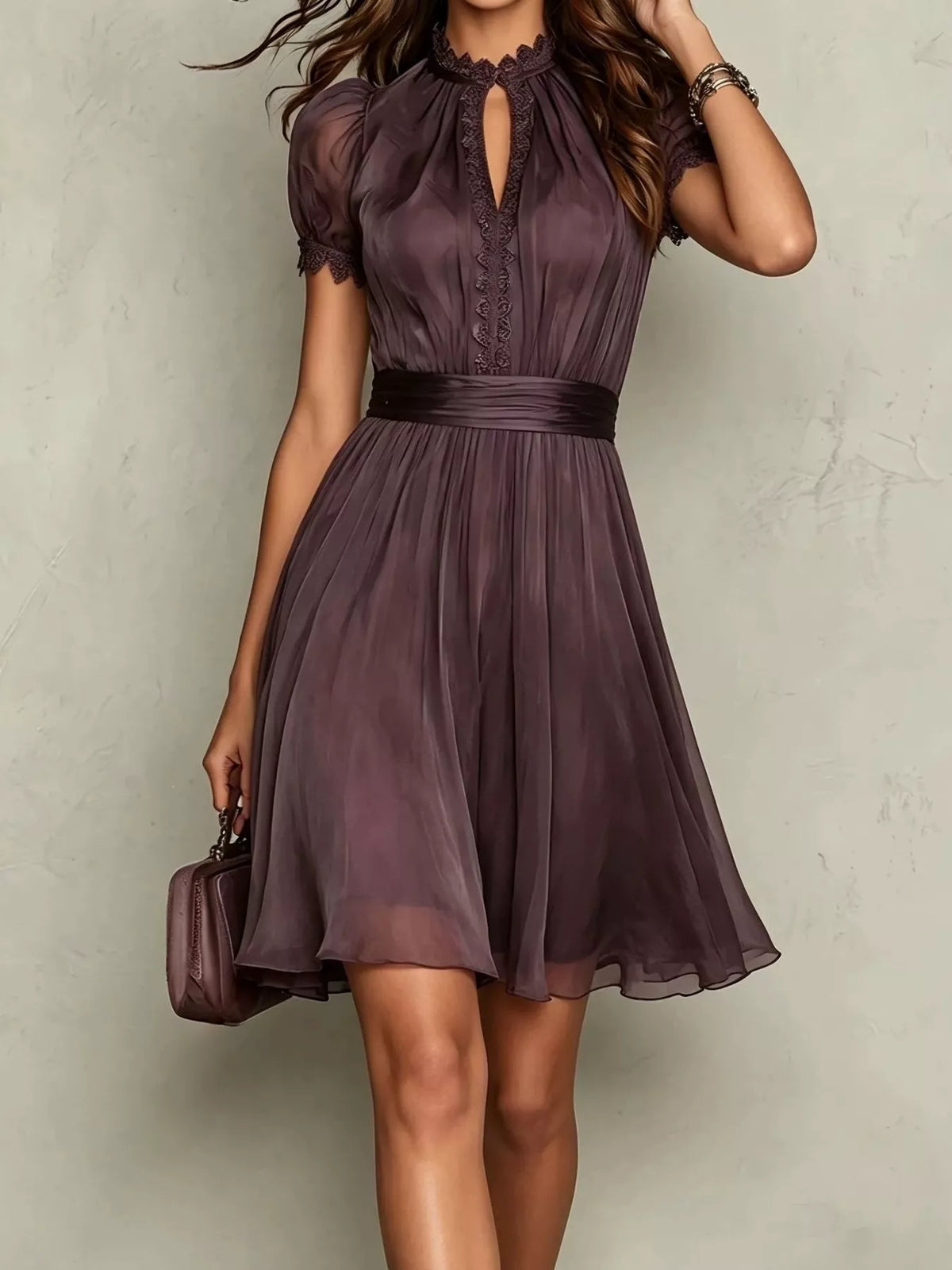 Full Size Lace Trim Puff Sleeve A-Line Dress Plus Size