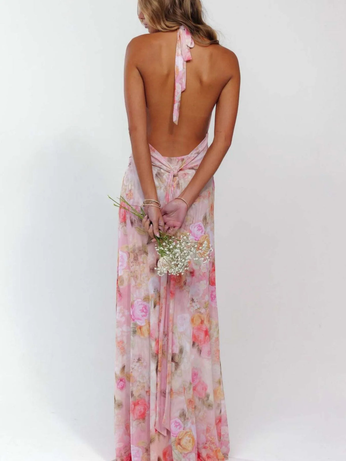 Floral Halter Neck Deep V Maxi Dress