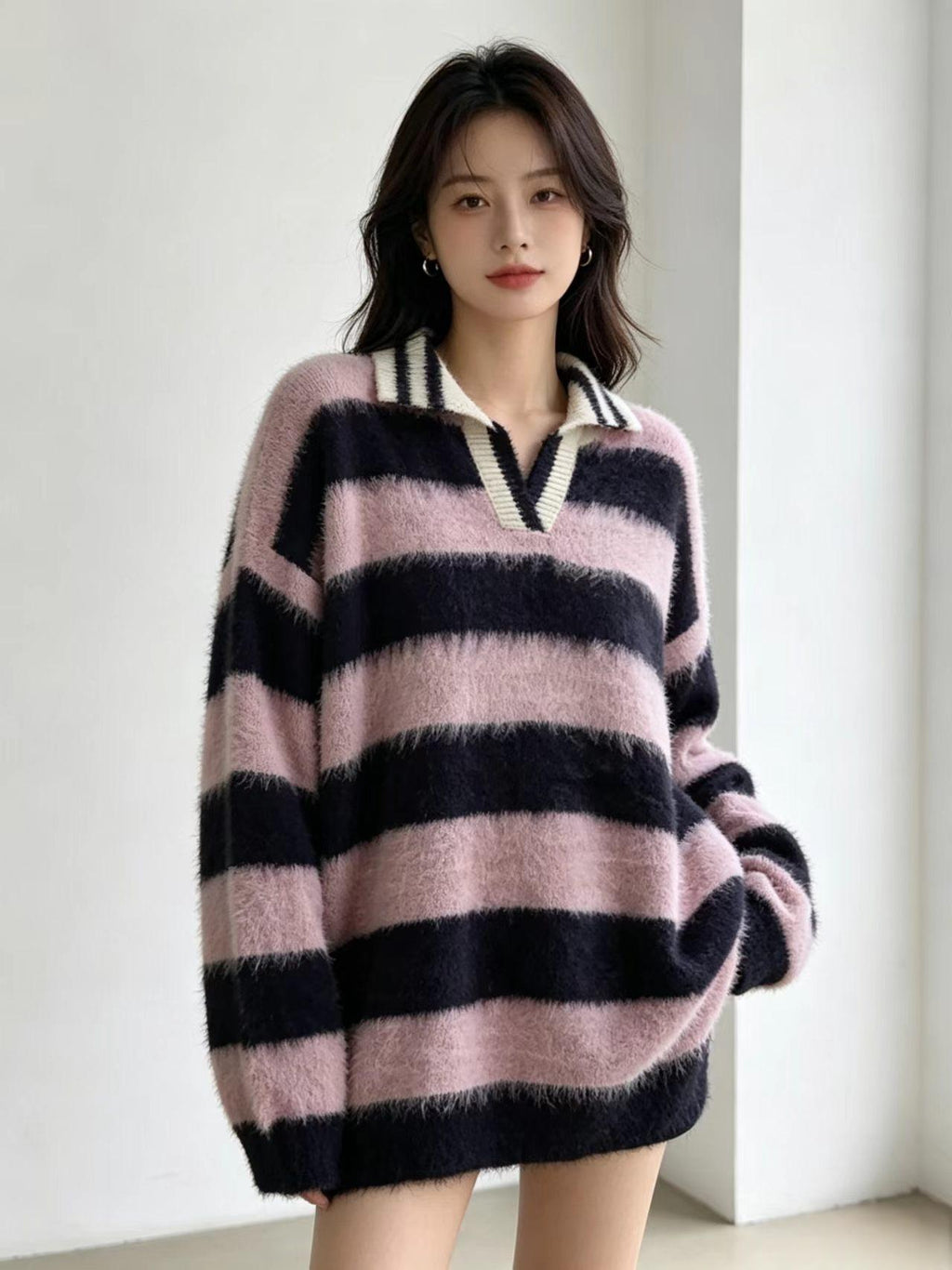 Retro Color-Block Striped Off-Shoulder Pullover Sweater For Women New AutumnWinter Top With Lapel Collar