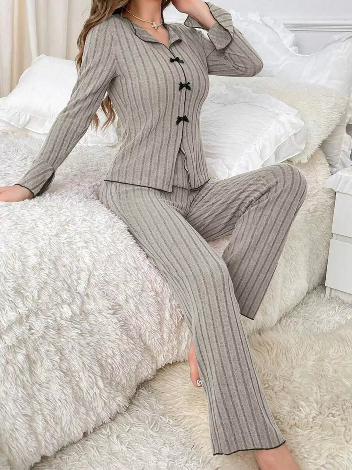 Contrast Bow Detail Top and Pants Lounge Set