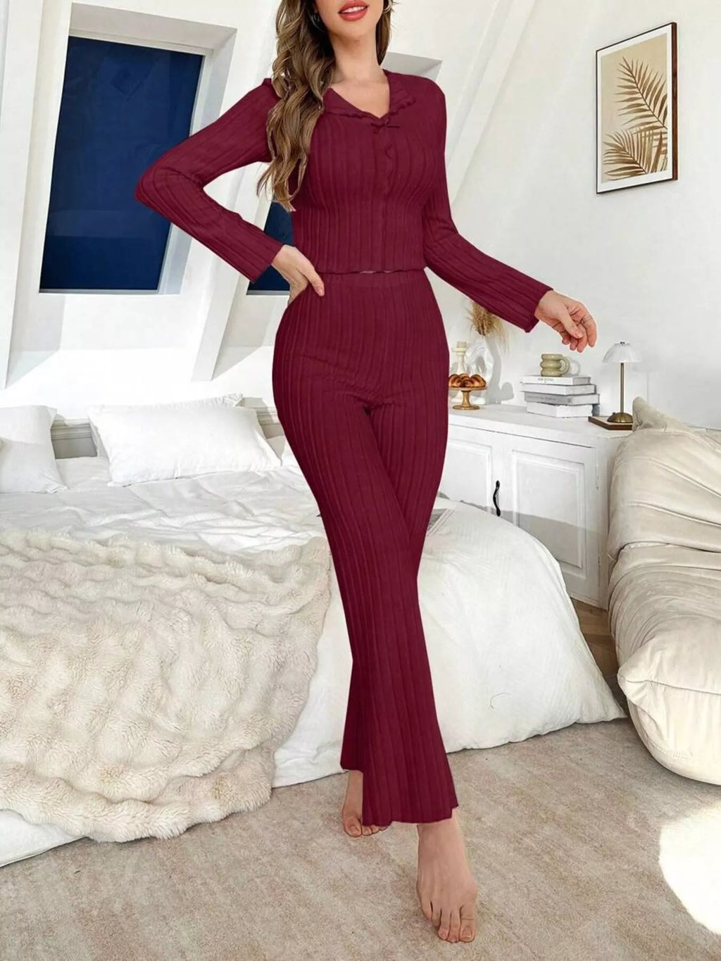 Bow Detail Ribbed Knit Top and Pants Lounge Set