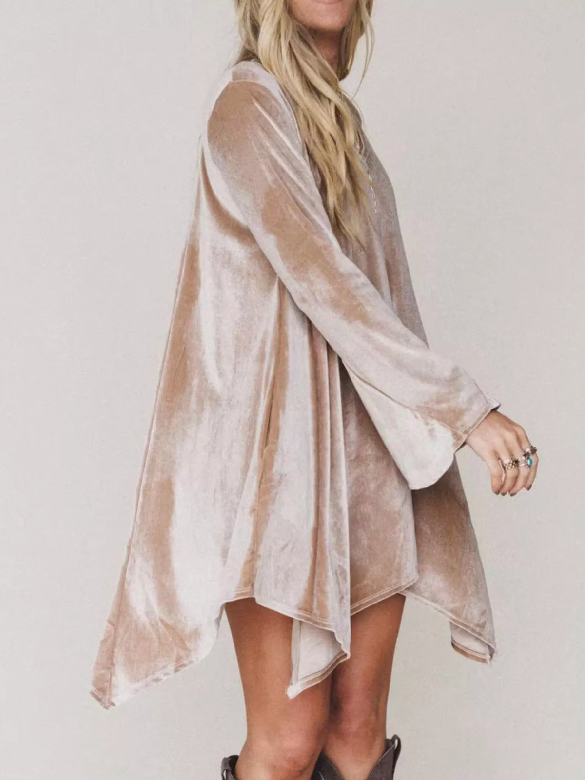V-Neck Velvet Swing Asymmetrical Dress with Pockets