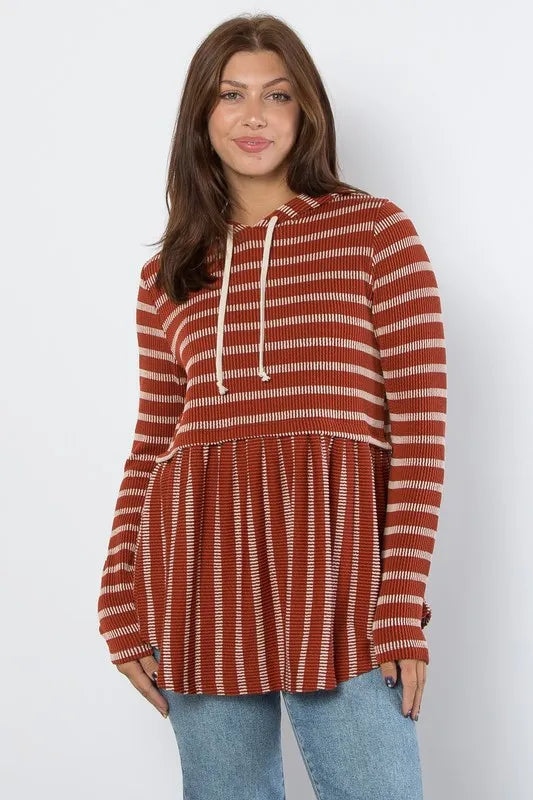Striped Babydoll Hoodie with Drawstring Waist