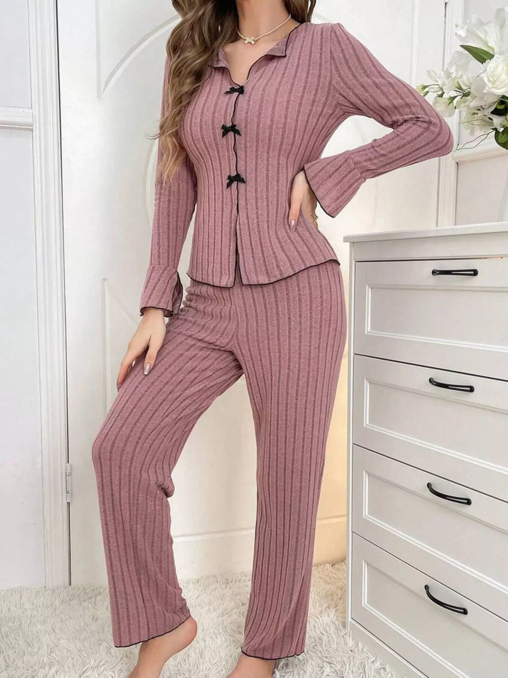 Contrast Bow Detail Top and Pants Lounge Set