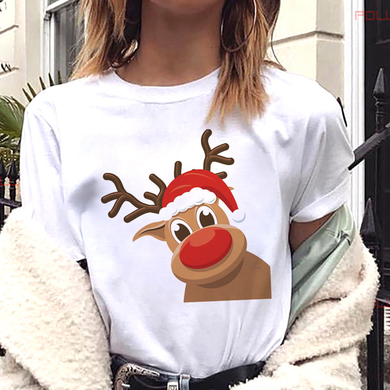 European And American Women's Clothing Merry Christmas Happy Short-sleeved T-shirt Women's Top Women's Round Neck
