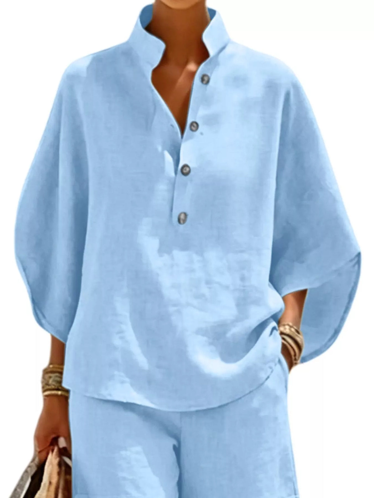 Full Size Button Detail Loose Fit Top and Shorts Set Plus Size