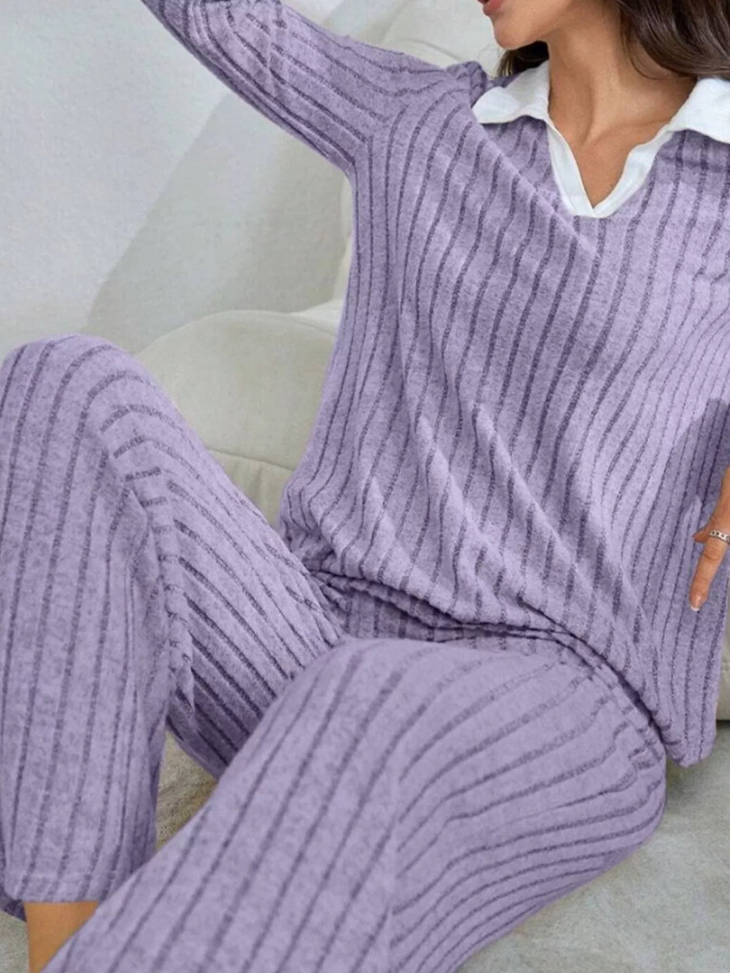 Ribbed Knit Polo Collar Top and Pants Lounge Set