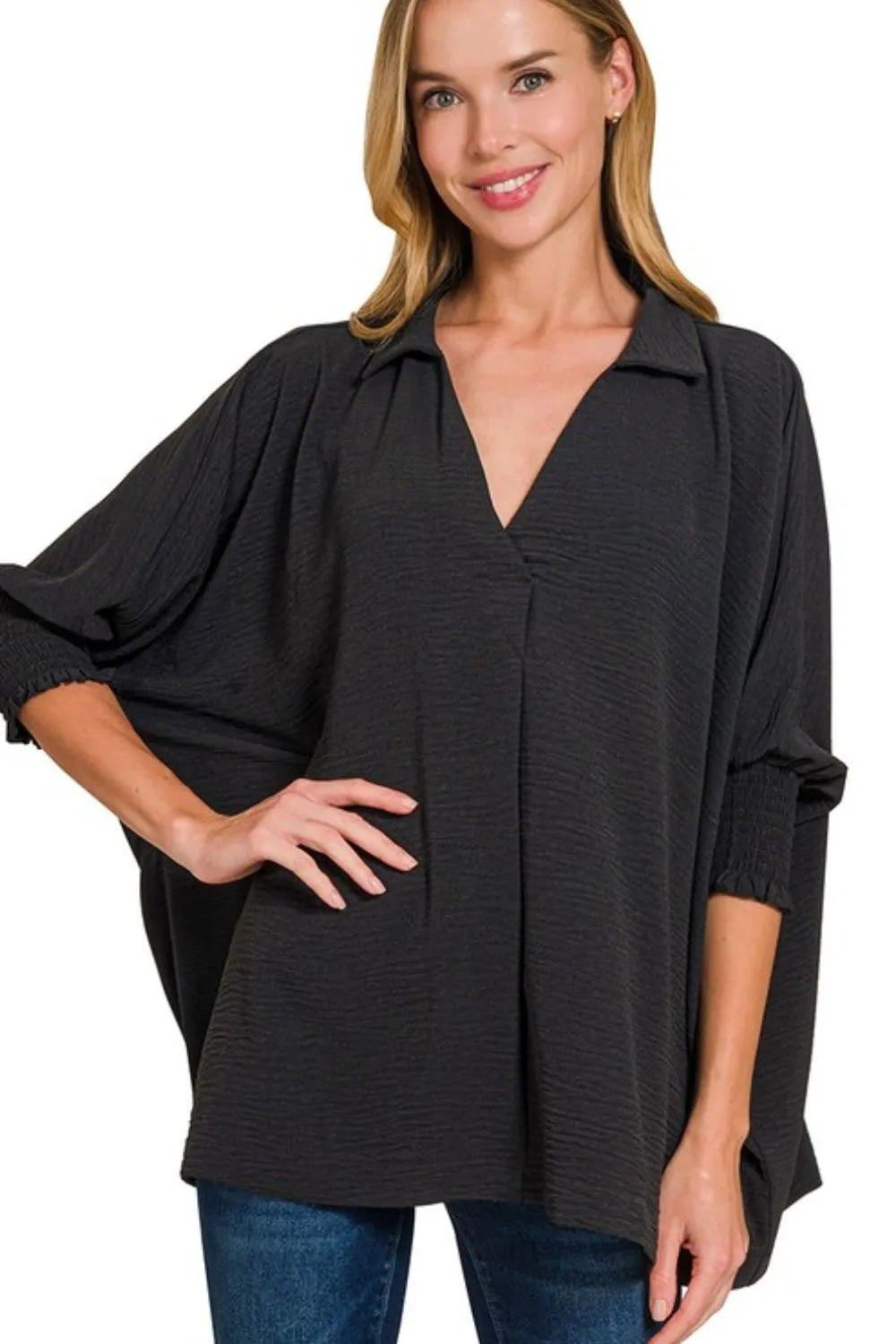 Oversized Woven Collared Top with Smocked Sleeve Bands
