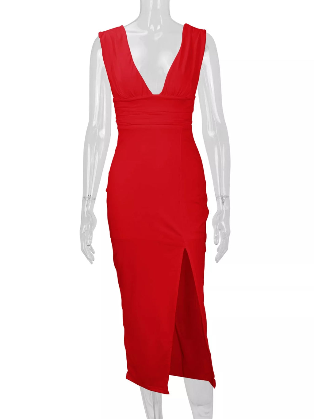 Sleeveless Deep V-Neck Ruched High Slit Bodycon Dress