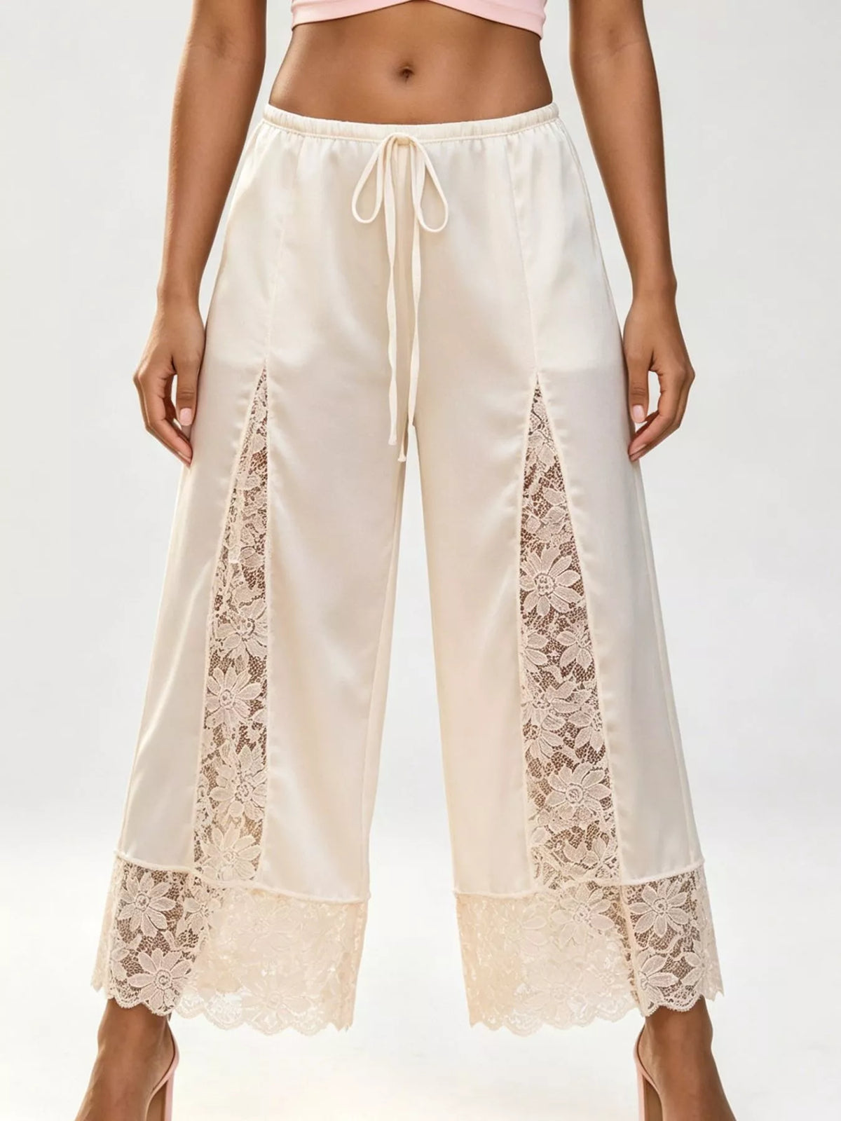 Lace Trim Wide-Leg Cropped Pants