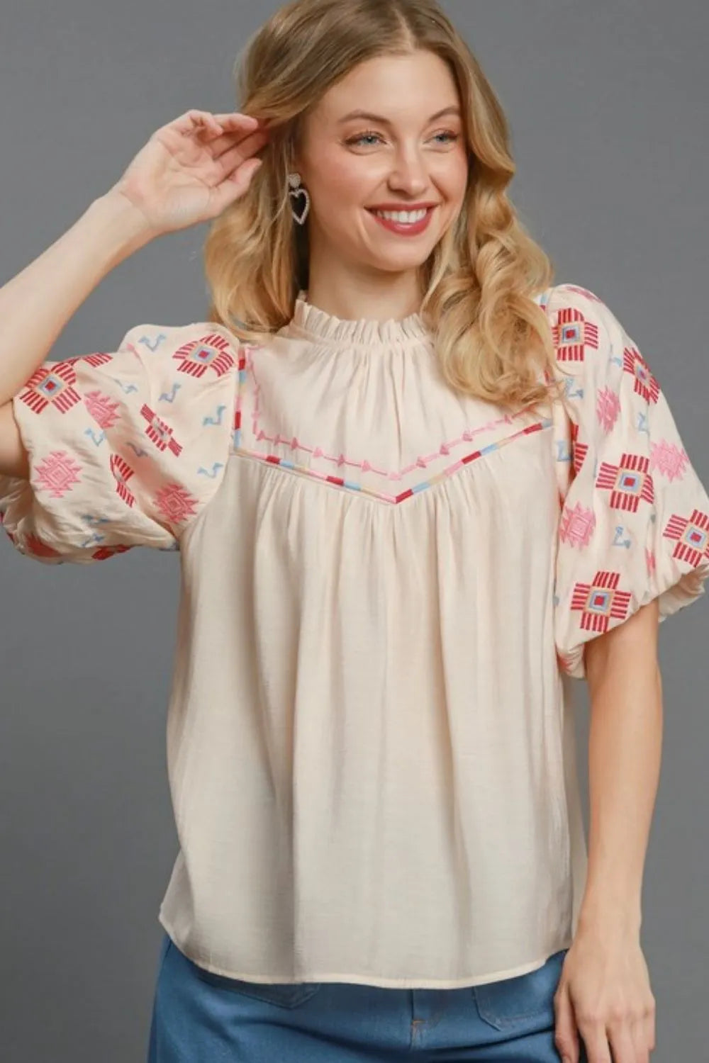 Umgee Full Size Embroidered Puff Sleeve Mock Neck Top Plus Size
