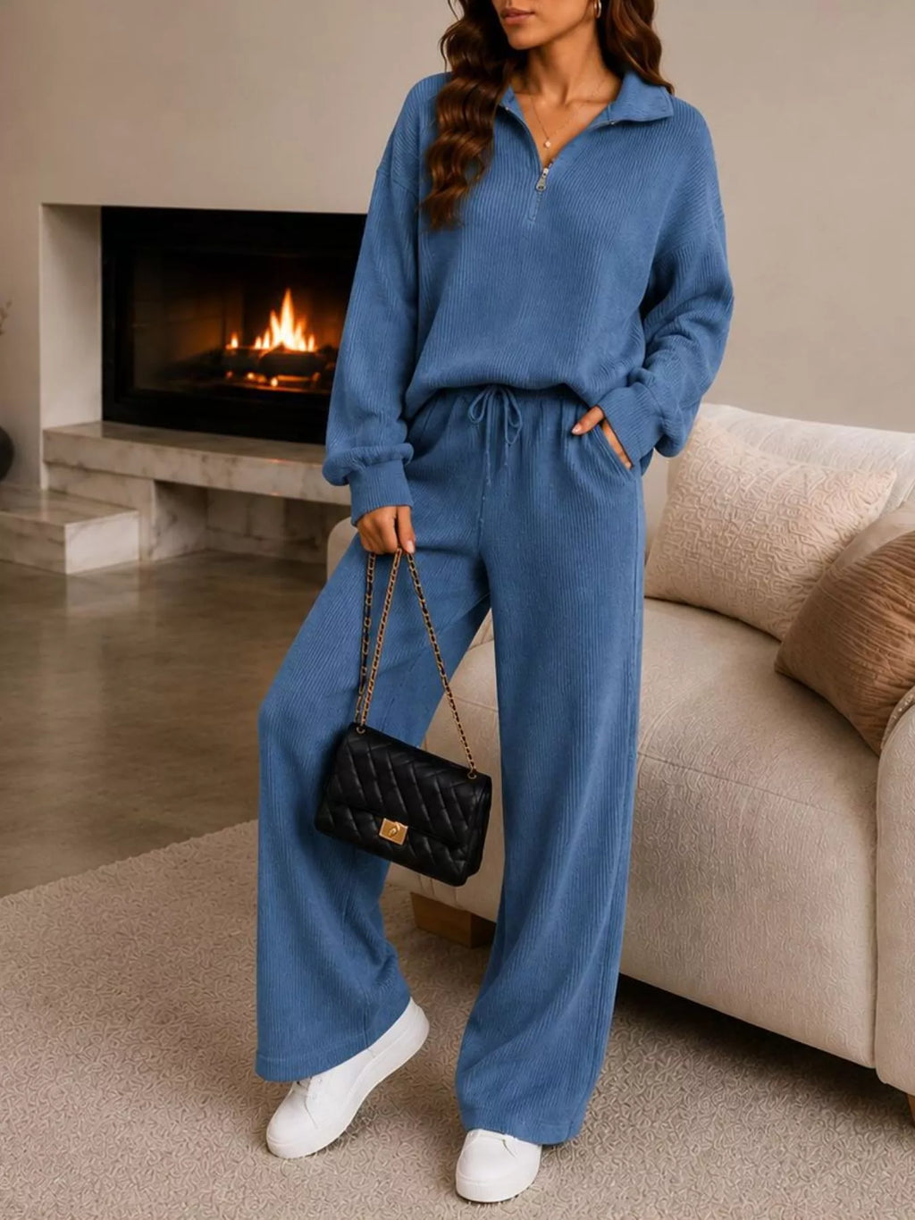 Ribbed Knit Quarter-Zip Top and Wide-Leg Pants Set