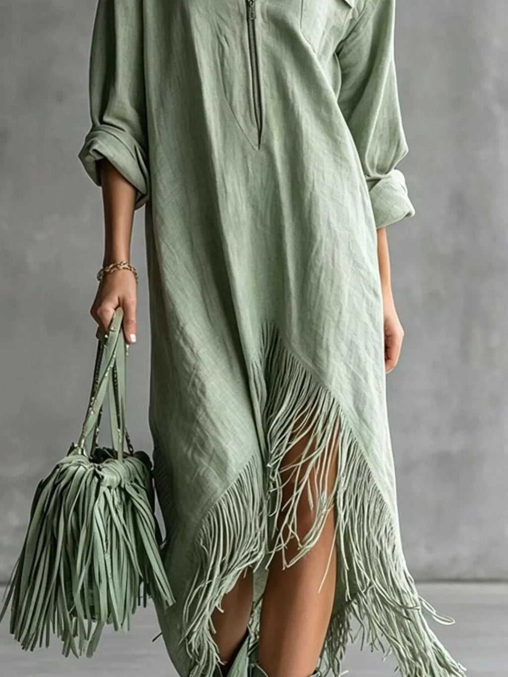 Zipper-Front Fringe Hem Midi Dress