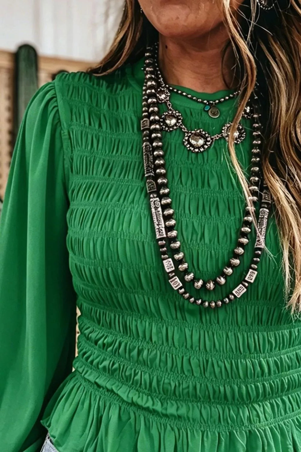 Smocked Balloon Sleeves Peplum Blouse