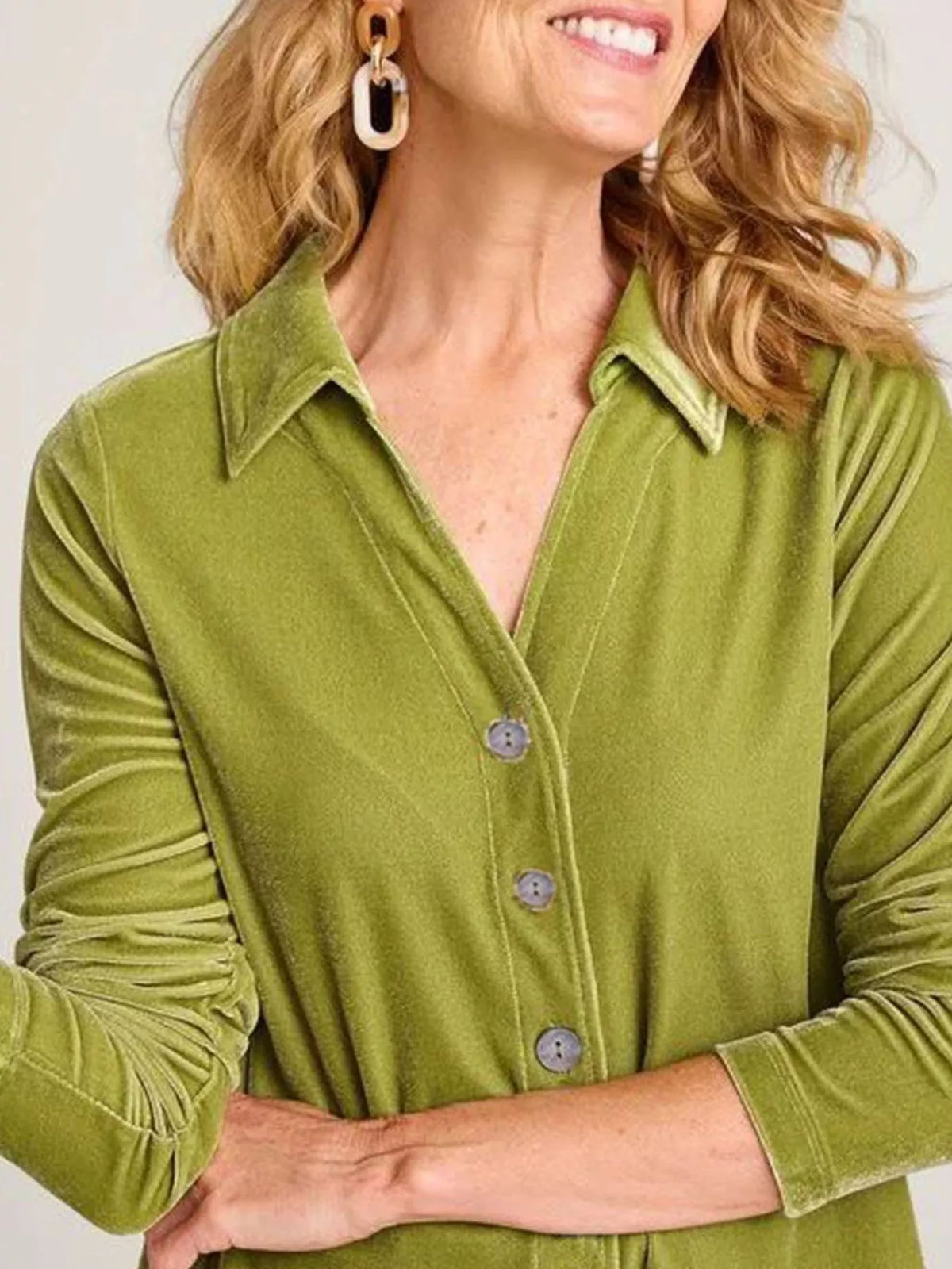 Velvet Button-Down Long Sleeve Shirt with Asymmetrical Hemline