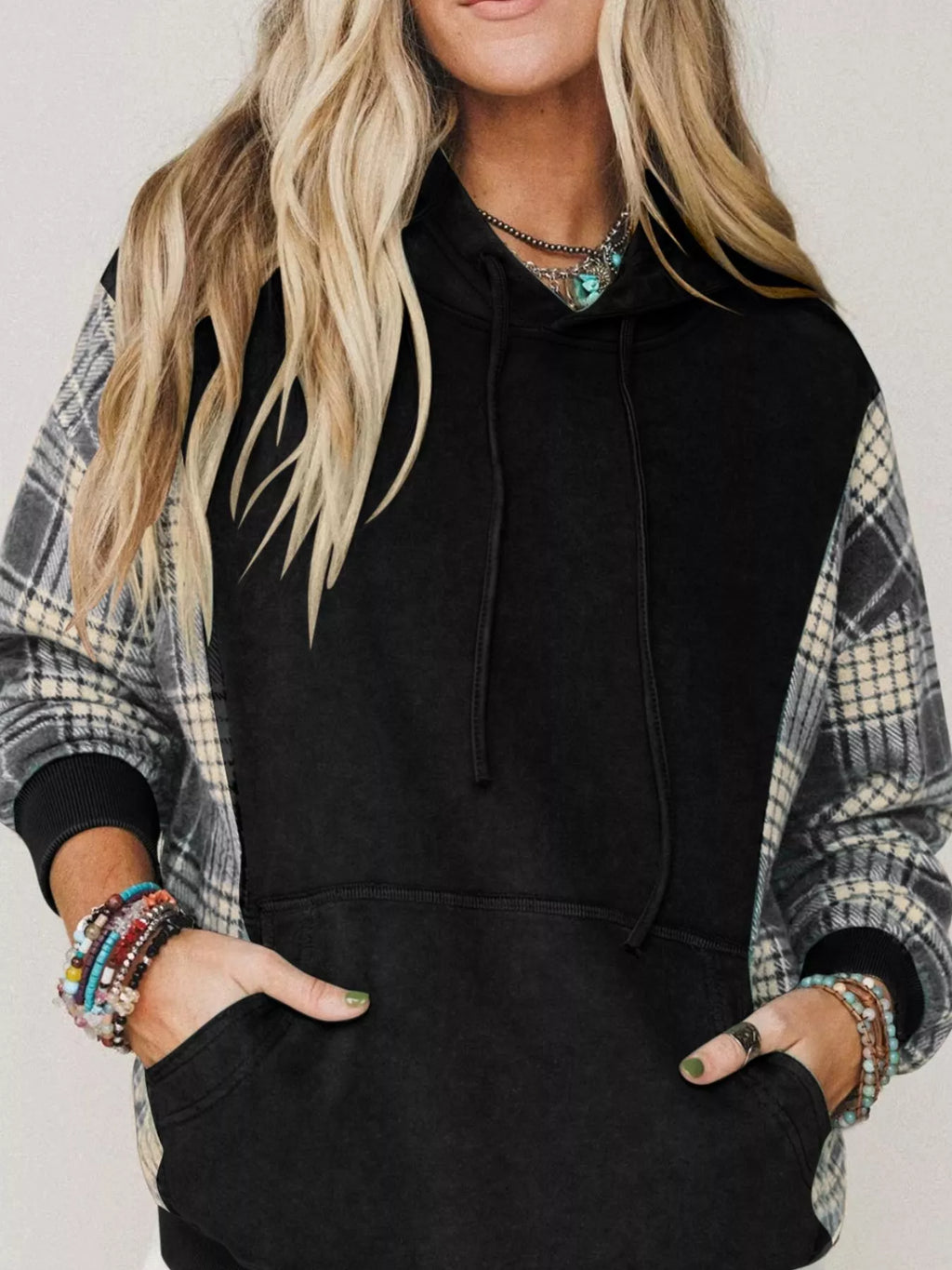 Plaid Sleeve Drawstring Pocket Hoodie