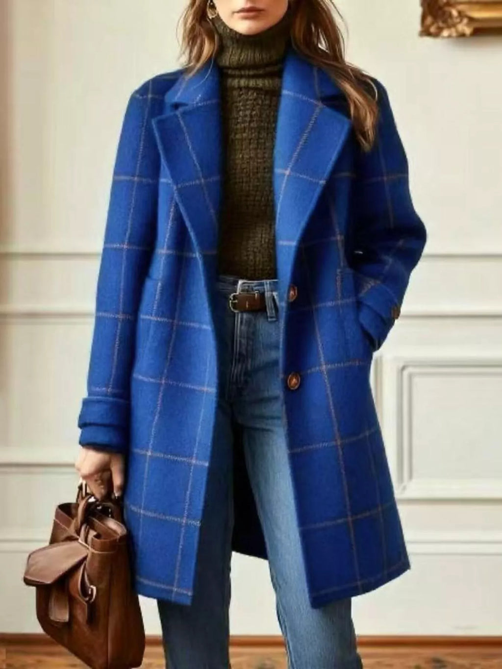 Full Size Plaid Lapel Collar Longline Single-Breasted Overcoat Plus Size