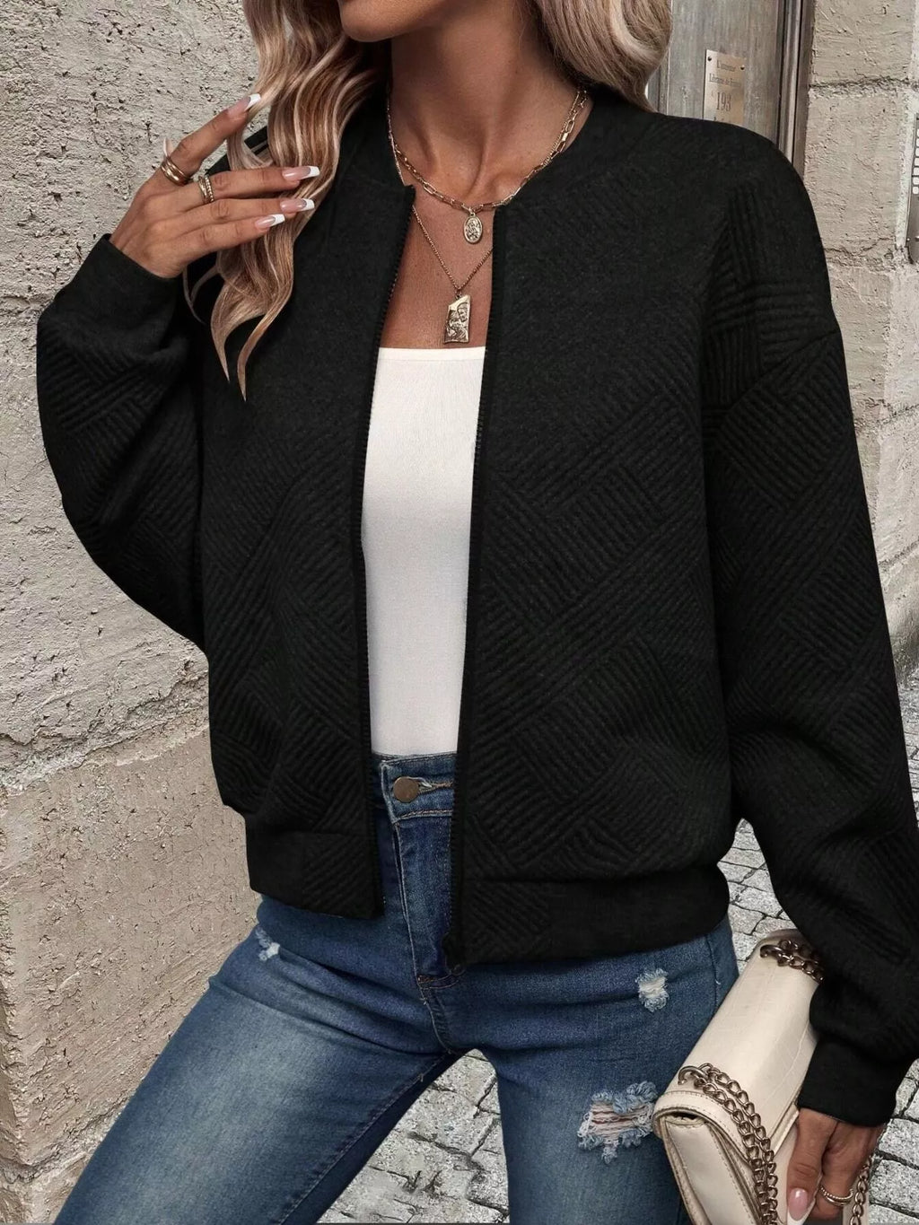 Texture Zip-Up Bomber Jacket