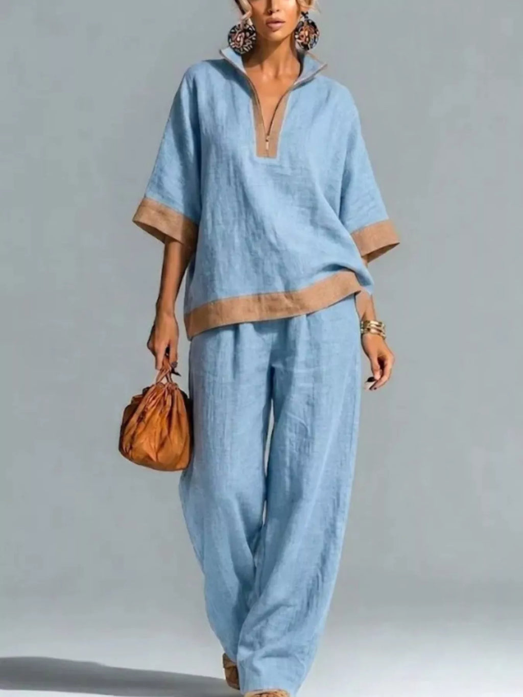 Full Size Contrast Trim Top and Wide Leg Pants Set Plus Size