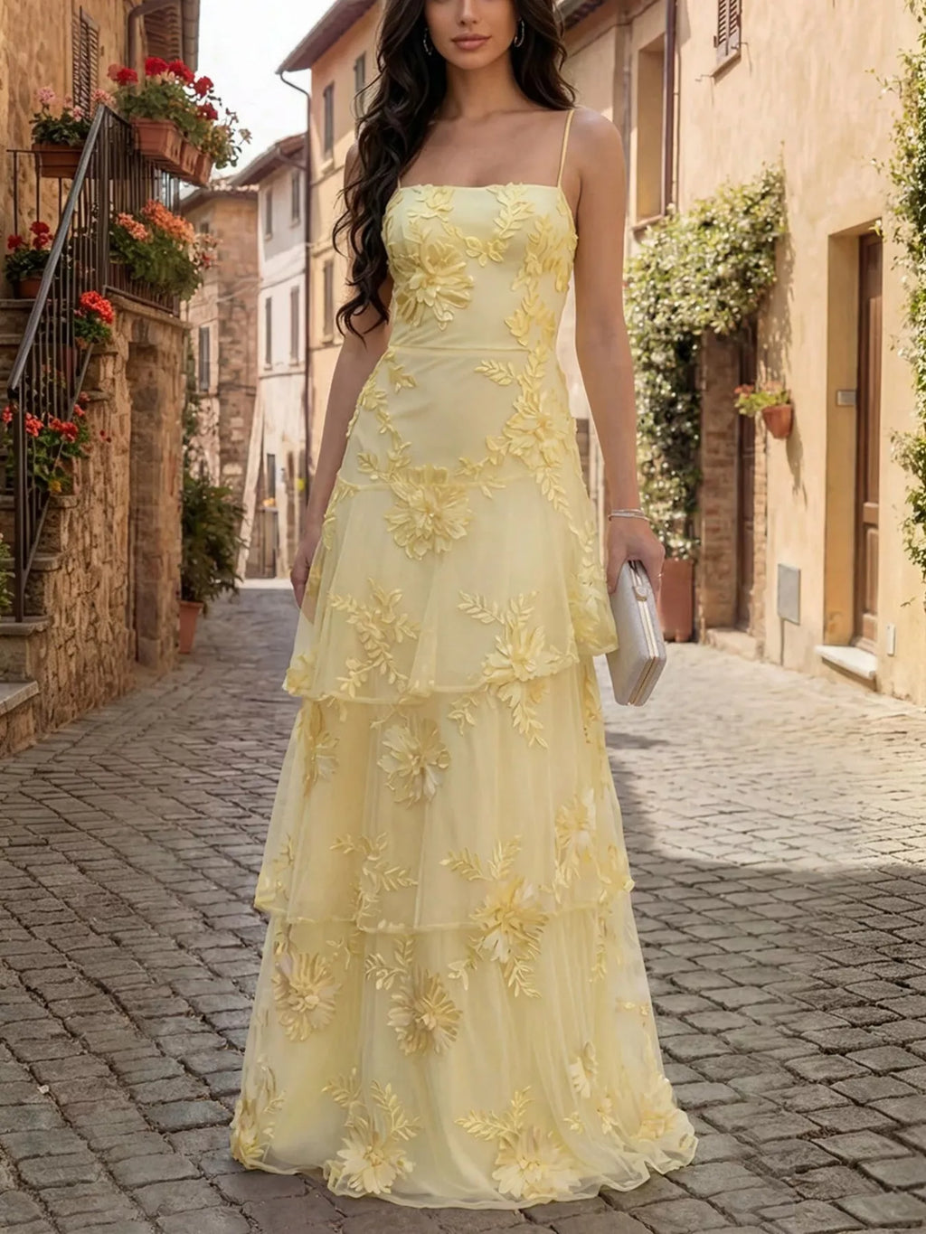 Floral Applique Tiered Maxi Dress with Lace Up Detail