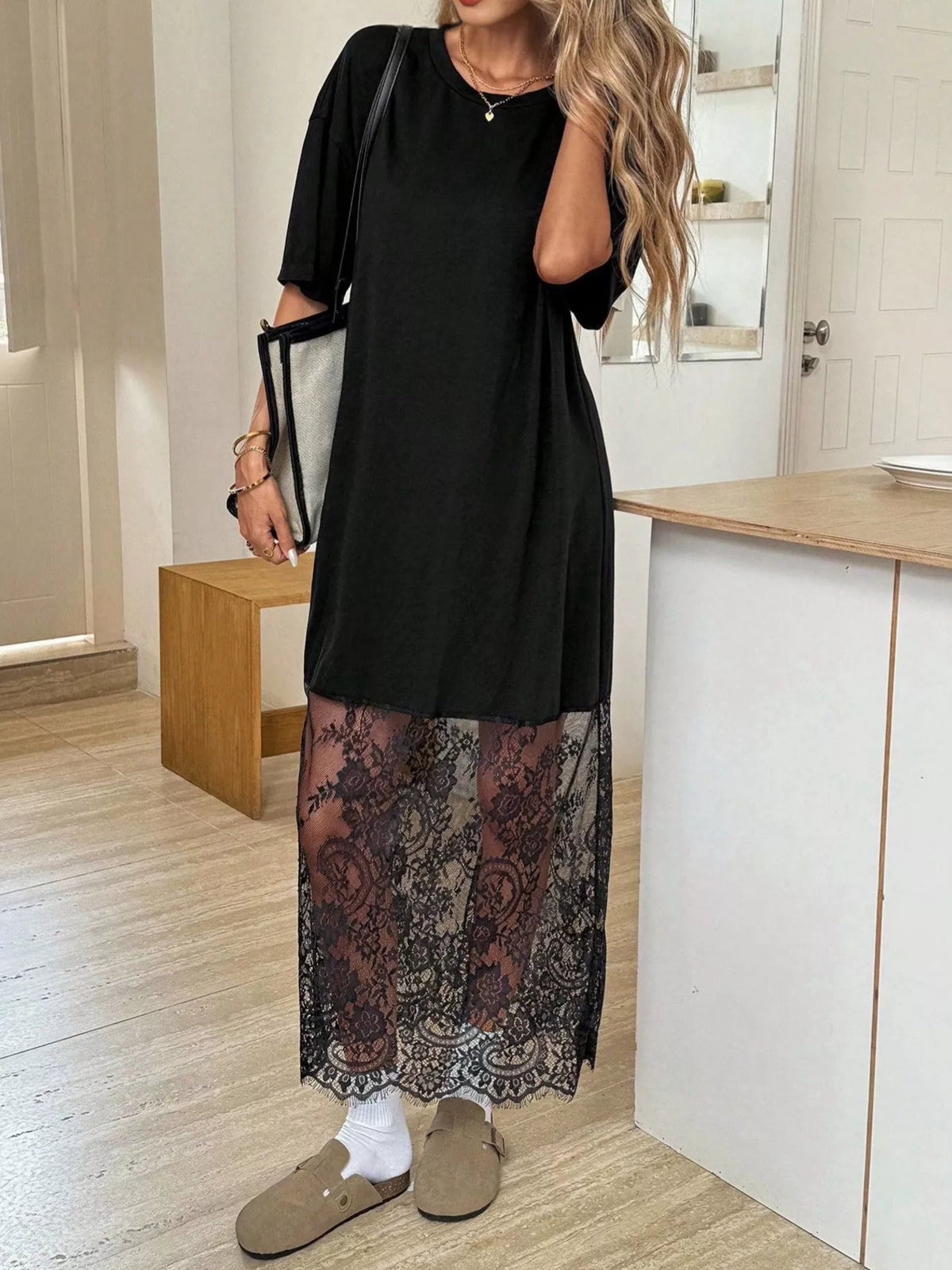 Floral Lace Hem Short Sleeve Tee Dress