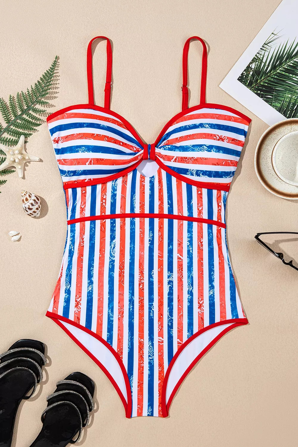 July 4th Stripes Impression Cutout Spaghetti Straps One Piece Swimsuit