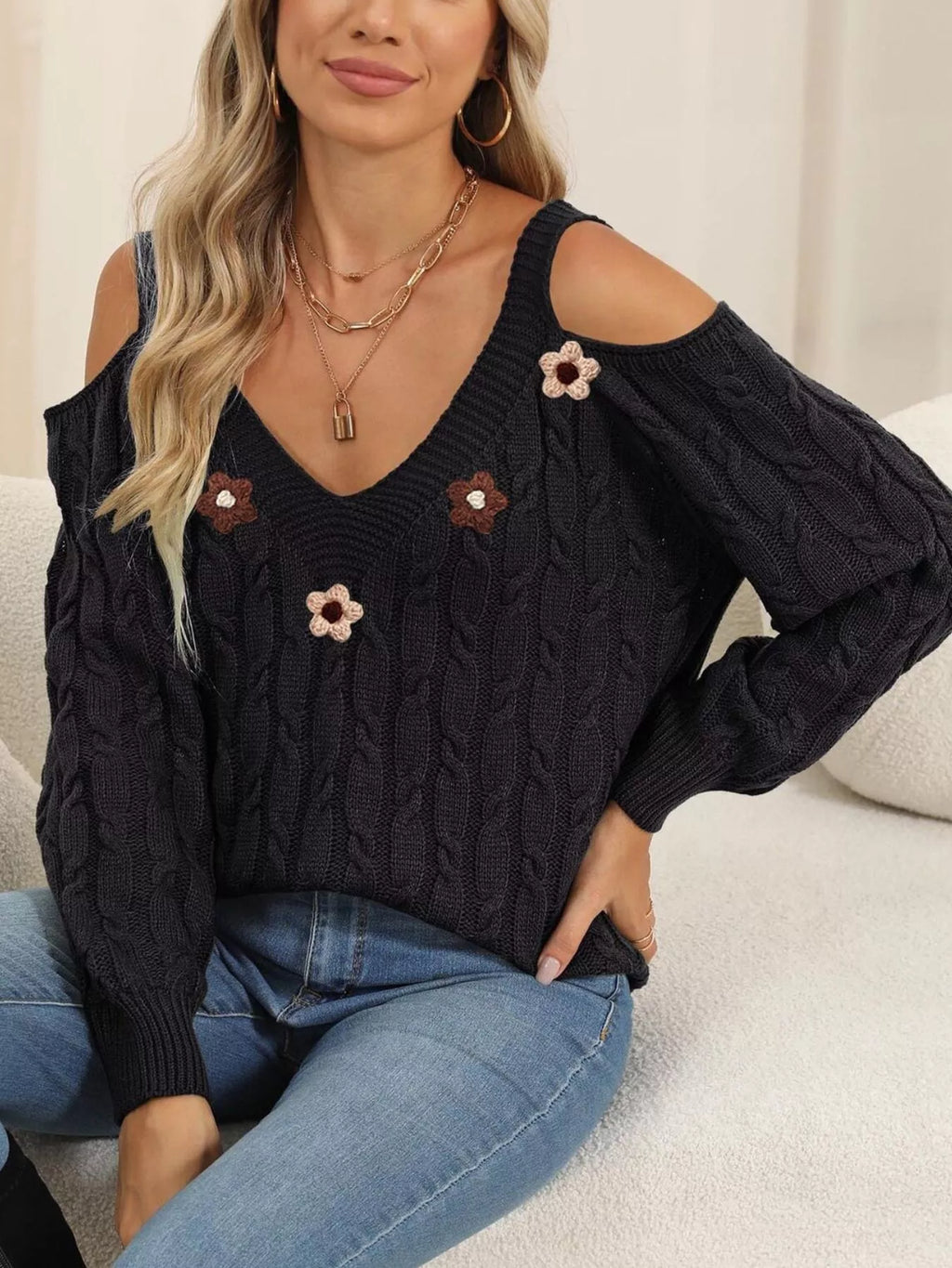 Floral Applique Cold Shoulder Cable Knit Sweater