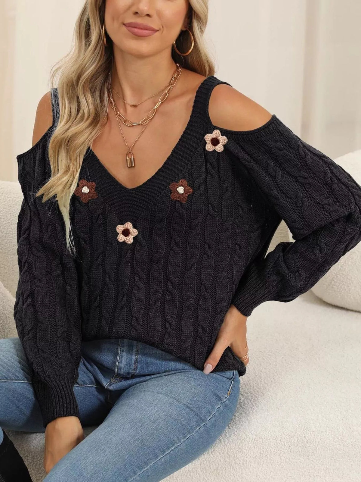 Floral Applique Cold Shoulder Cable Knit Sweater