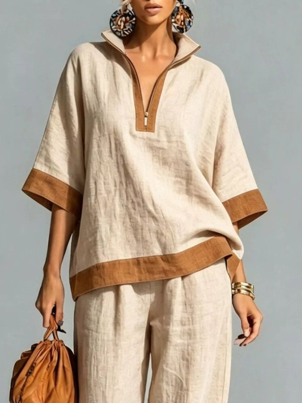Full Size Contrast Trim Top and Wide Leg Pants Set Plus Size