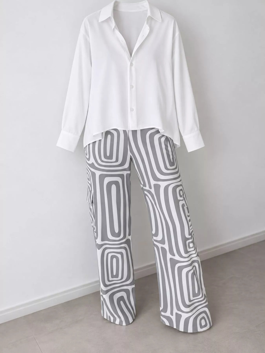 Full Size Chic Button-Down Shirt and Geometric Wide-Leg Pants Set Plus Size