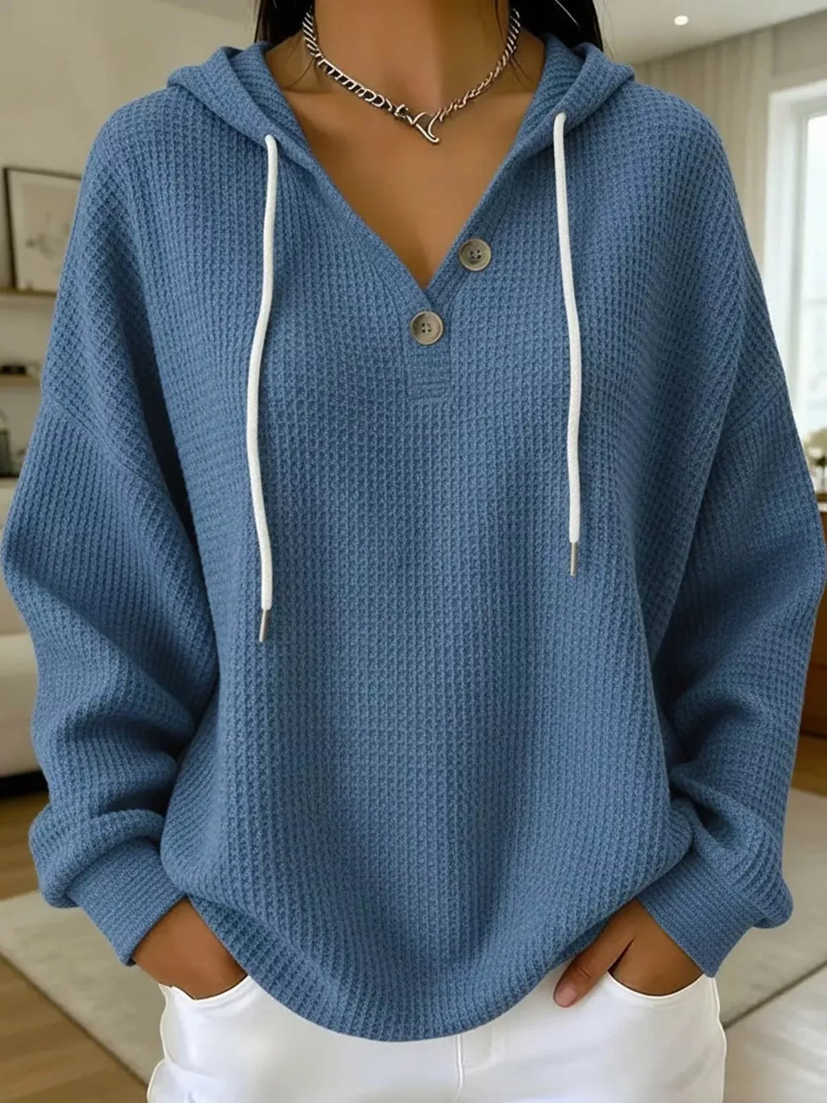 Full Size Waffle Knit Button Detail Hoodie Plus Size