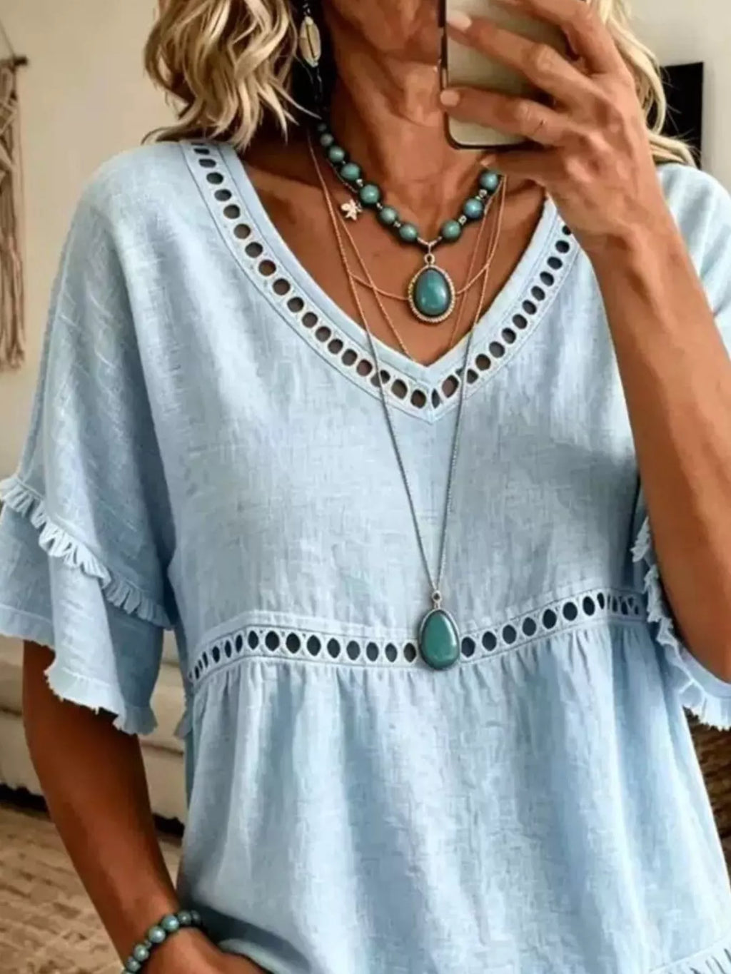 Eyelet V-Neck Frayed Edge T-Shirt