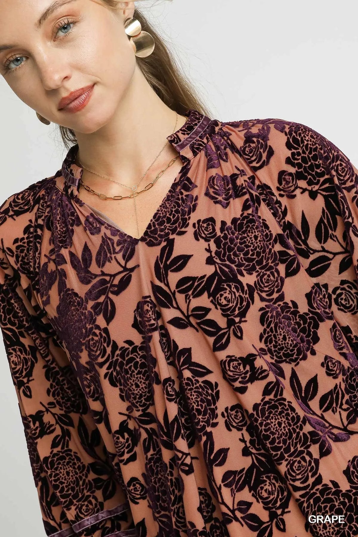 Umgee Floral Velvet Blouse with Balloon Sleeves