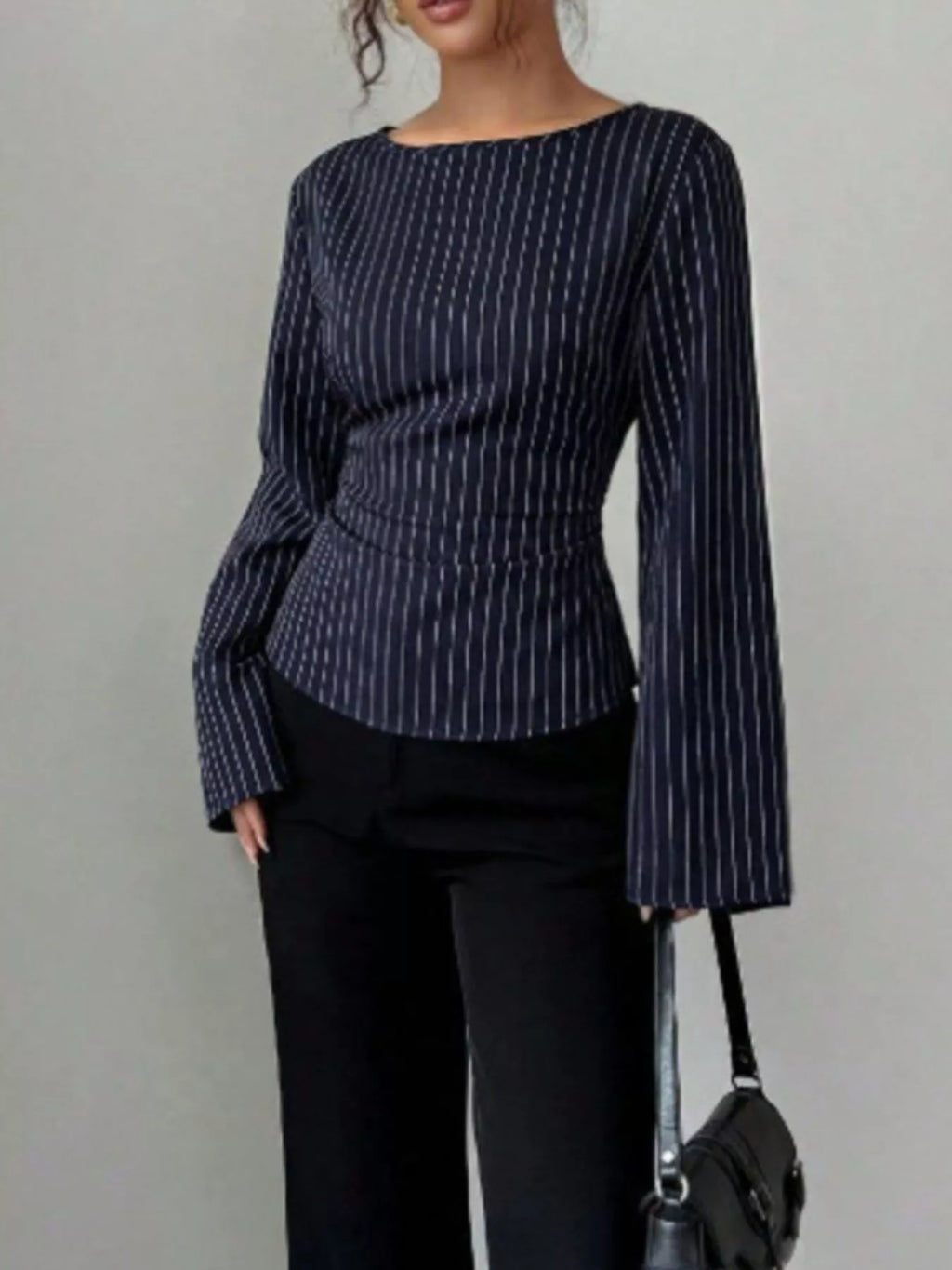 Elegant Pinstriped Bell Sleeve Blouse with Back Lace Up