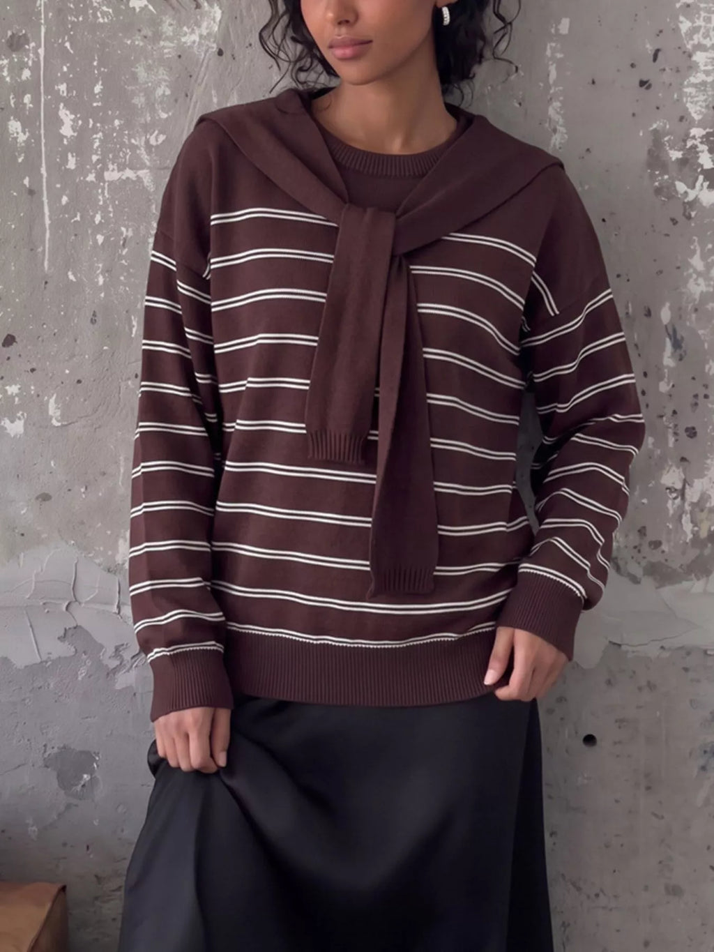 Classic Striped Crewneck Knit Top with Layered Sweater Detail