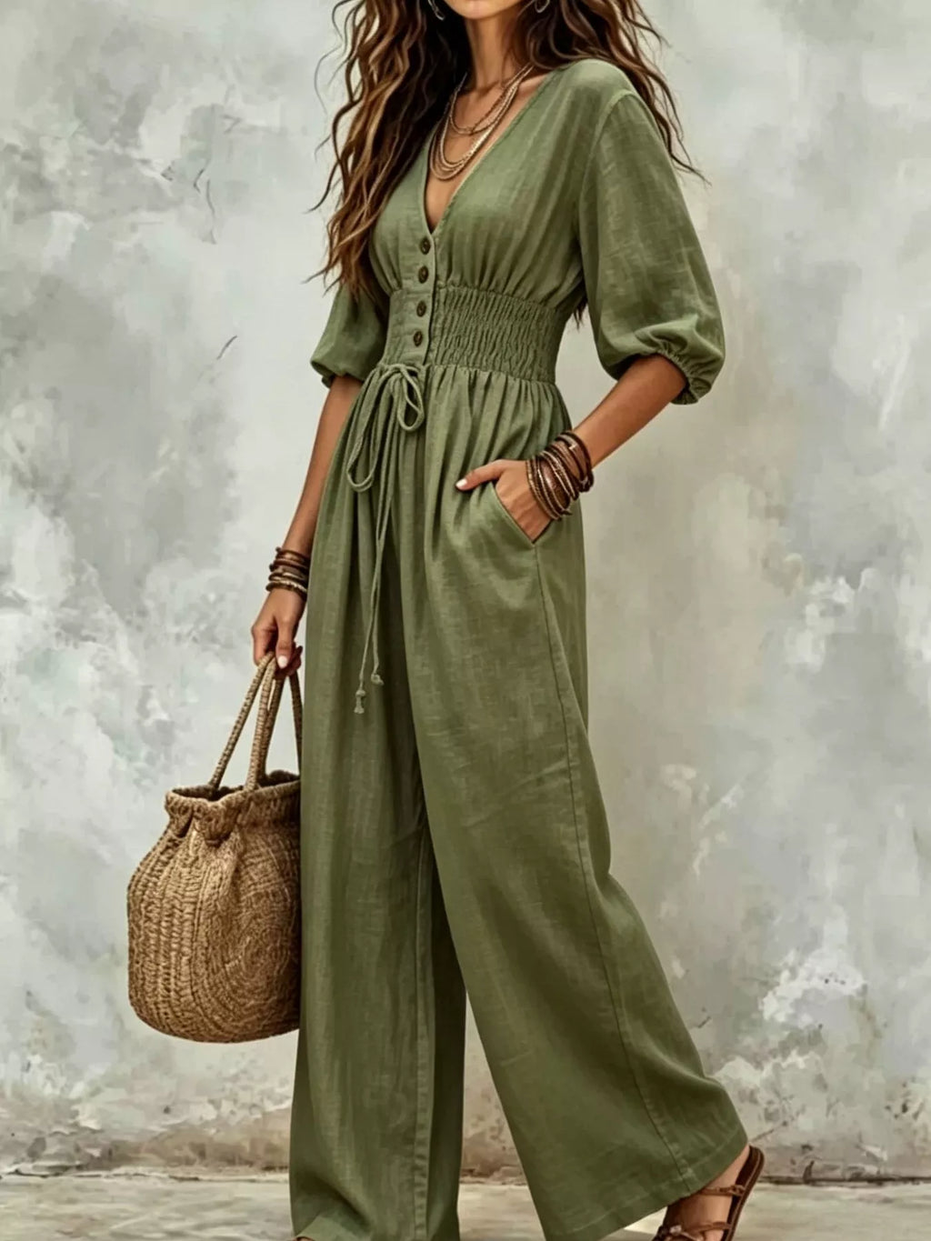 V-Neck Smocked Waist Wide-Leg Jumpsuit