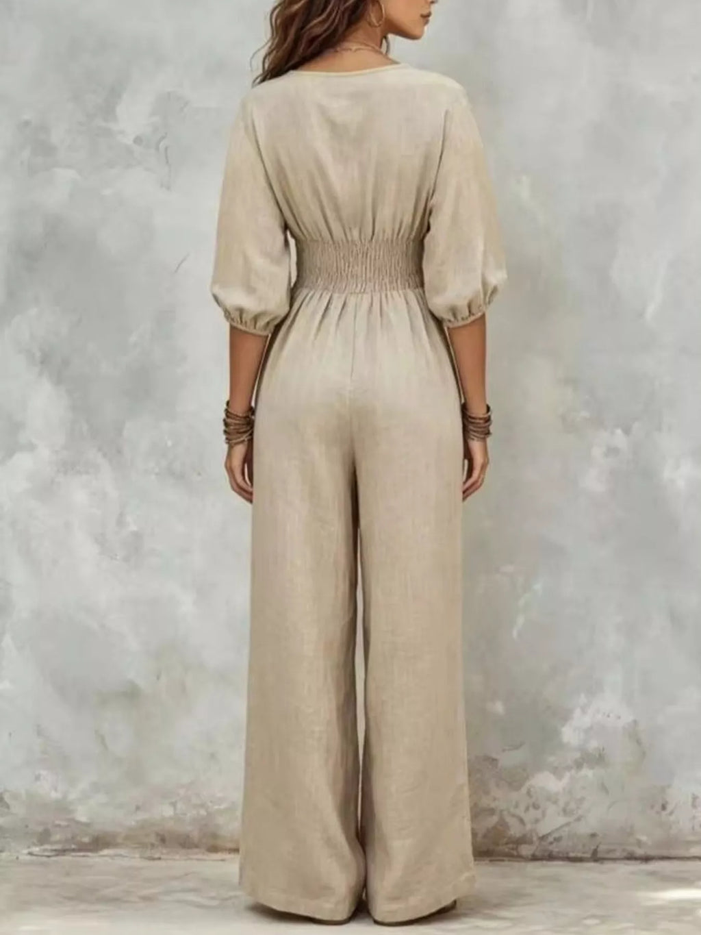 V-Neck Smocked Waist Wide-Leg Jumpsuit