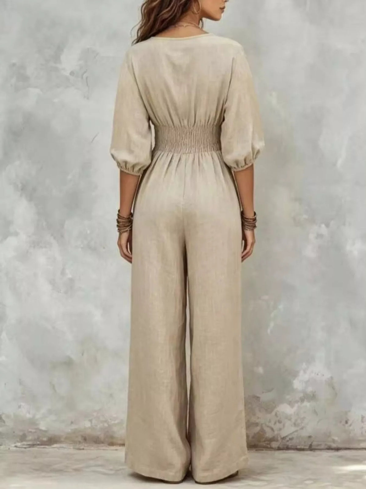 V-Neck Smocked Waist Wide-Leg Jumpsuit