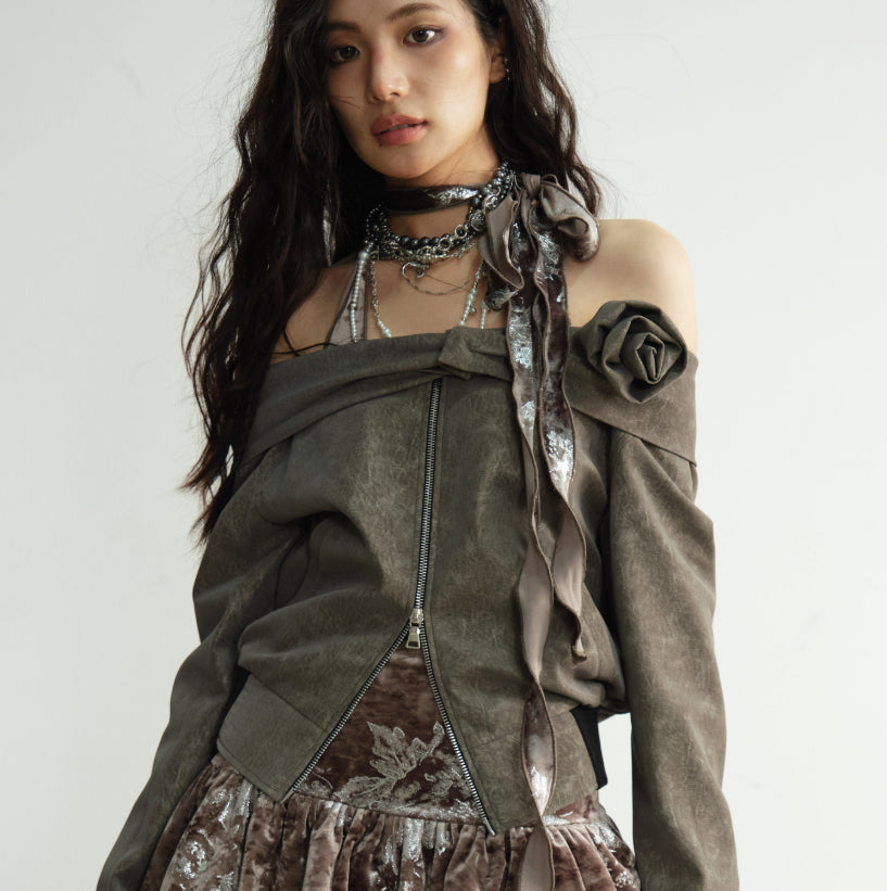 Coffee colored Three dimensional Floral accented Off shoulder Short Jacket