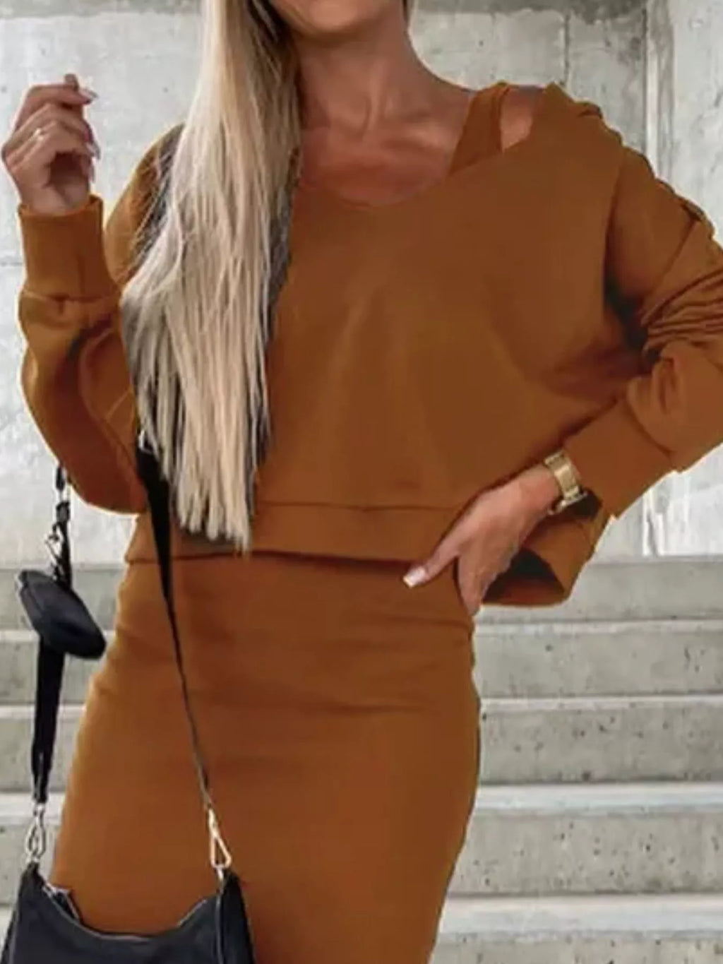Solid Color Tank Dress and V-Neck Hoodie Set
