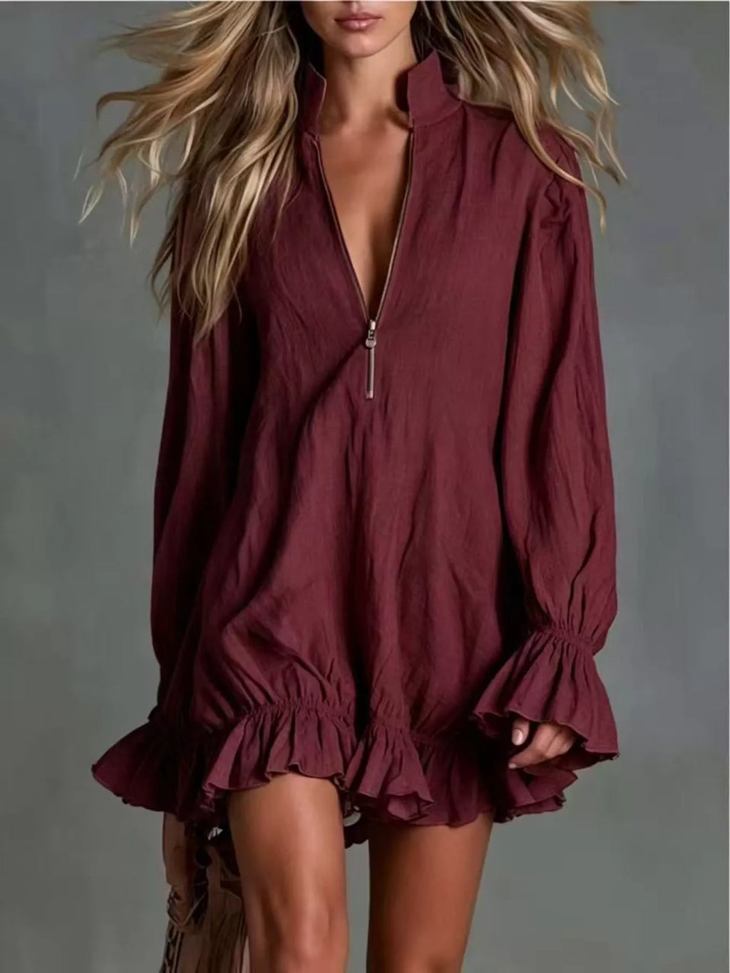 Zipper-Front Ruffle Hem Mini Dress