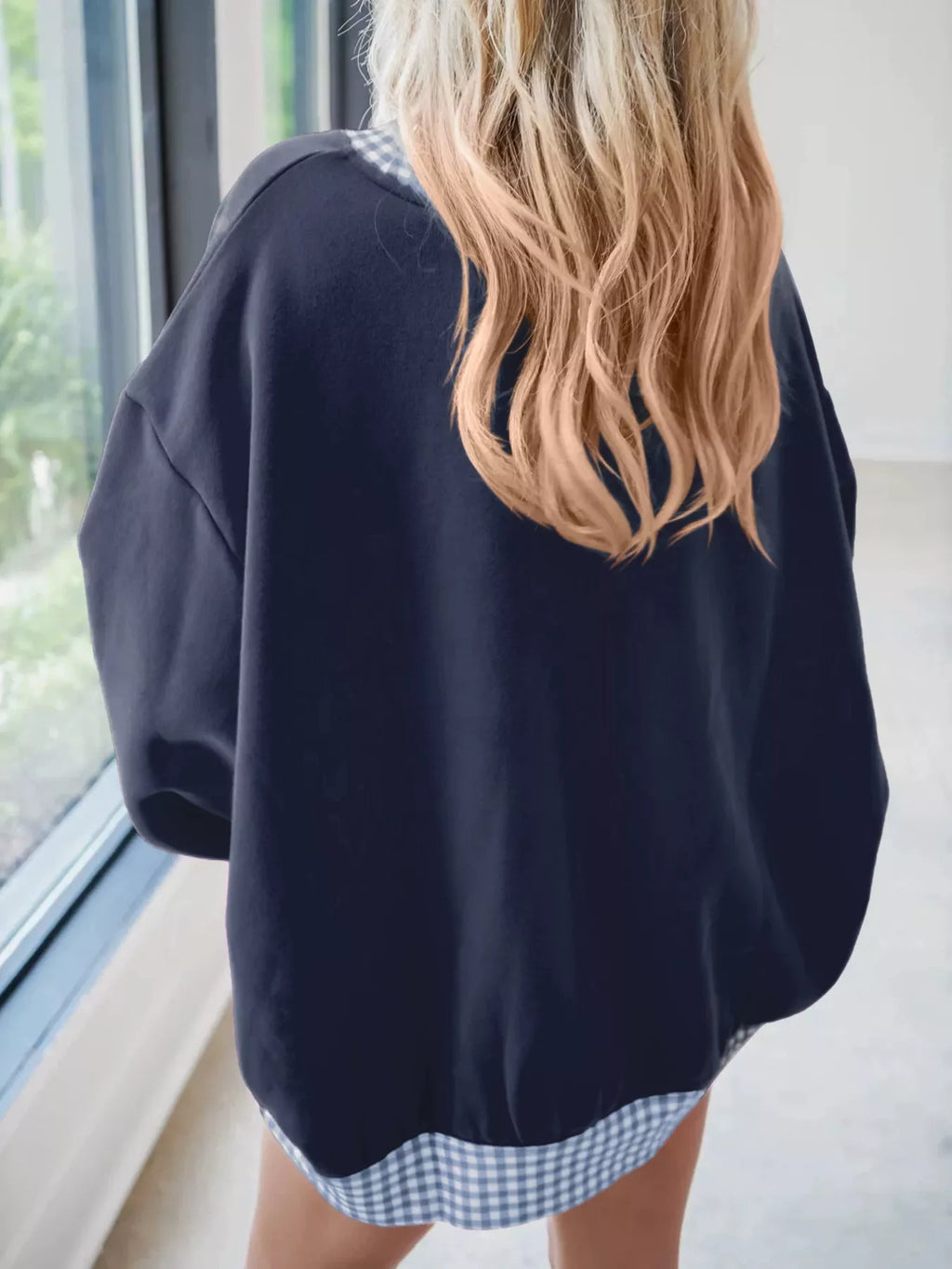 Gingham Trim Dropped Shoulder Sweatshirt